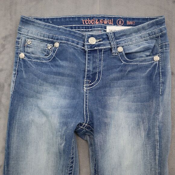 Rebel Soul Pants Womens 8 Blue Mid Rise 5 Pocket Design Boot Cut Faded Jeans - Picture 10 of 16